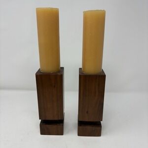 MCM Wood Pillar Candle Holder Pair Brutalist Mid-Century Home Decor Staging